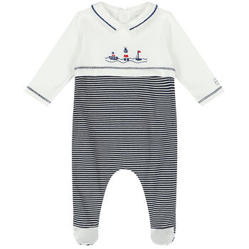 Baby Boys White & Navy Striped Babygrow